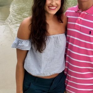 Off the shoulder crop. blue and white